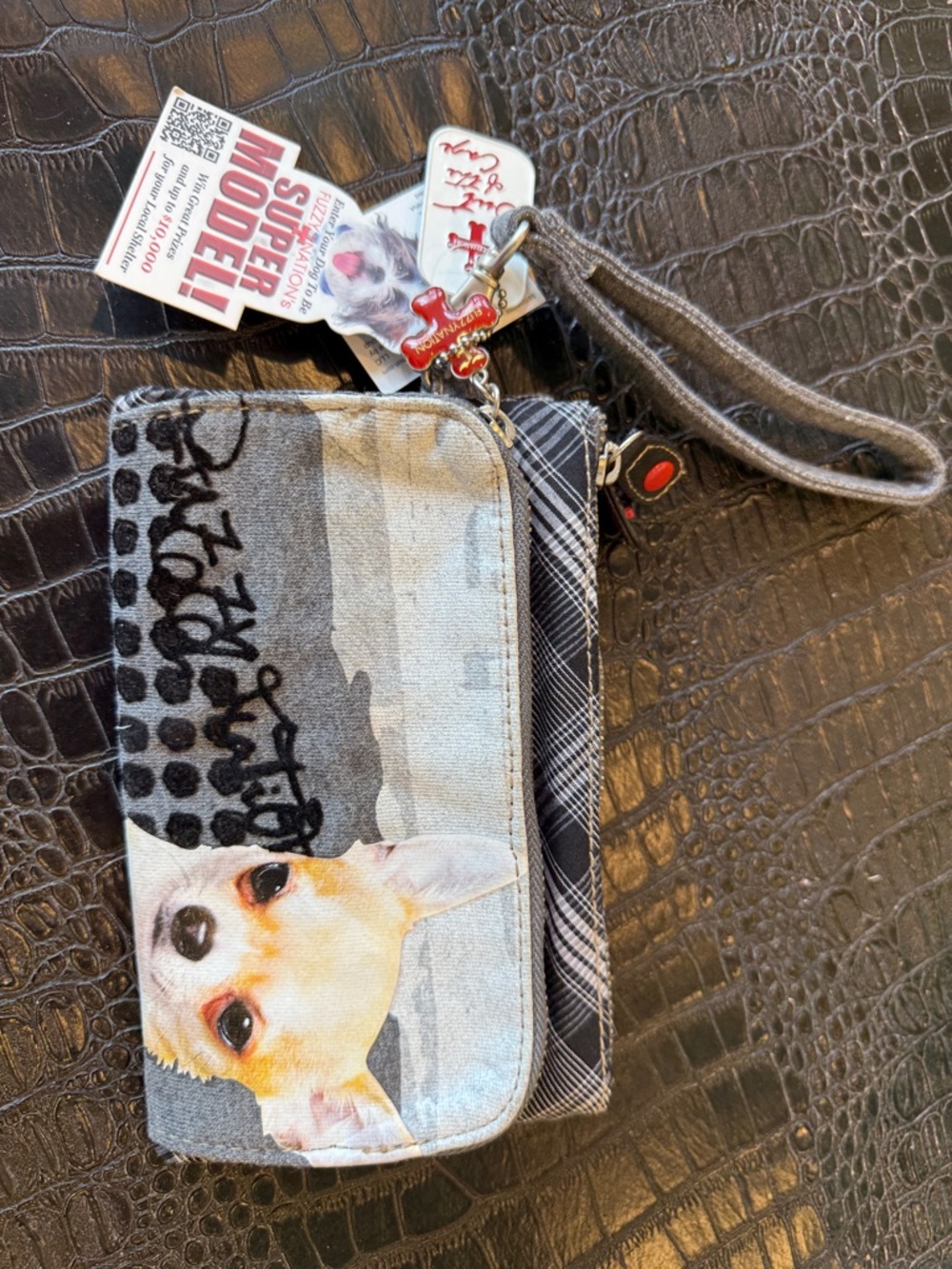 Chihuahua Print Gray Wristlet Clutch